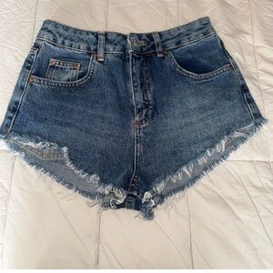 Topshop Blue Jean Shorts High-Waisted Frayed Hem